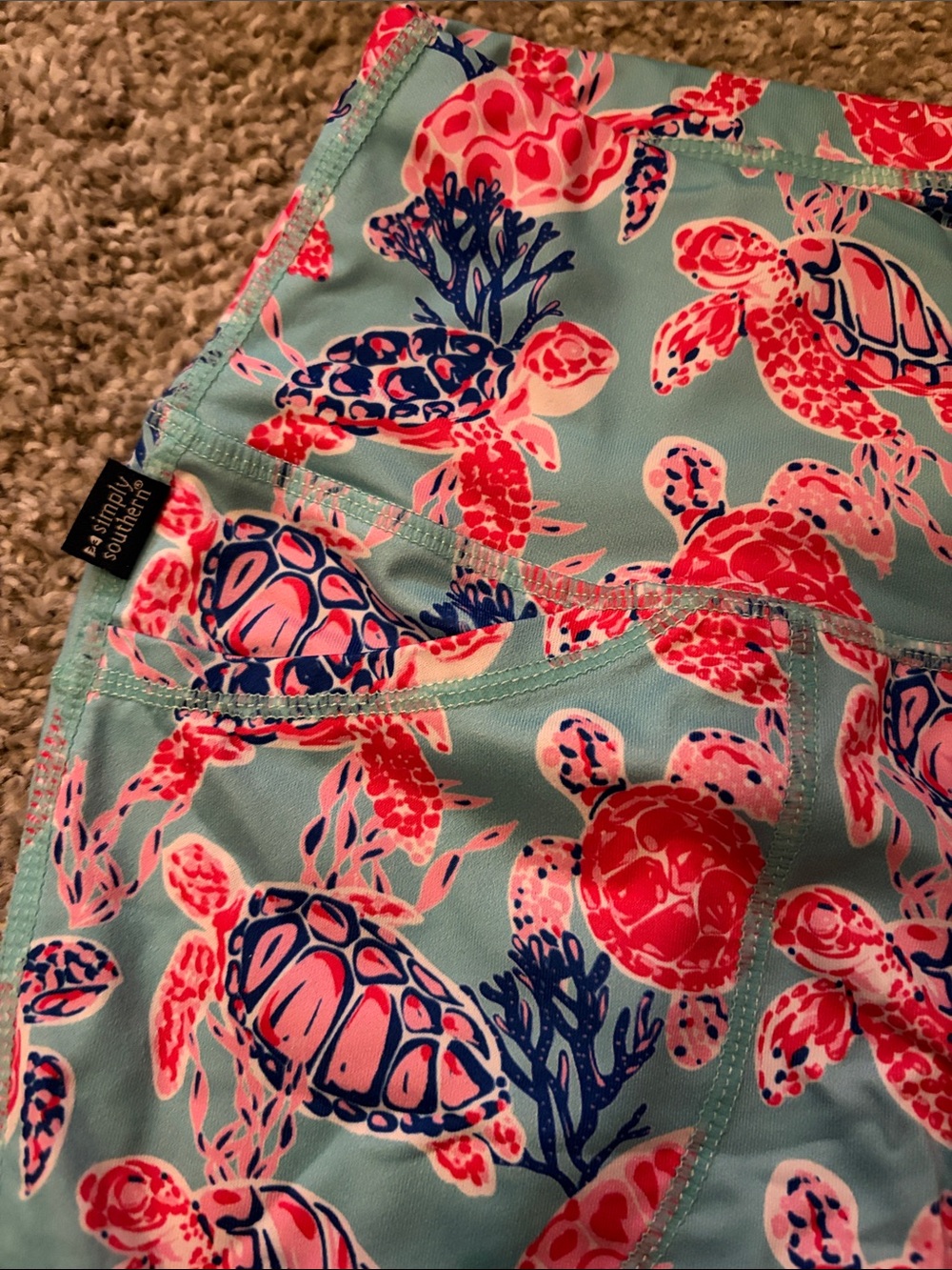 Simply Southern Women’s Sea Turtle Work Out Capris- Aqua, Pink & Navy